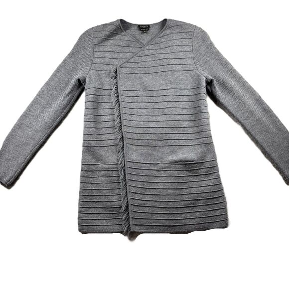 Talbots Sweater Cardigan 100% Merino Wool Open Front Fringe Gray Petite S/M C152 - Picture 1 of 8